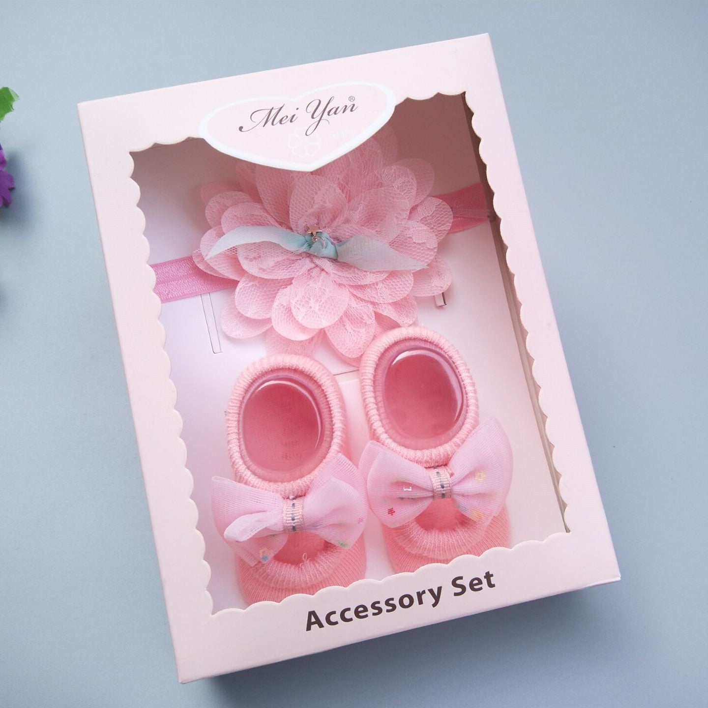 Caja de regalo de calcetines y diadema para bebé niña