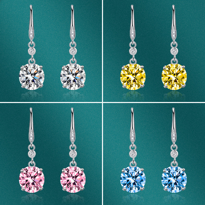 Pendientes de lujo con diamante amarillo de un solo diamante redondo y gancho para la oreja