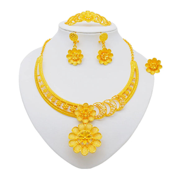Traje de joyas de oro, collar, pulsera, pendientes y anillo de boda nupcial árabe