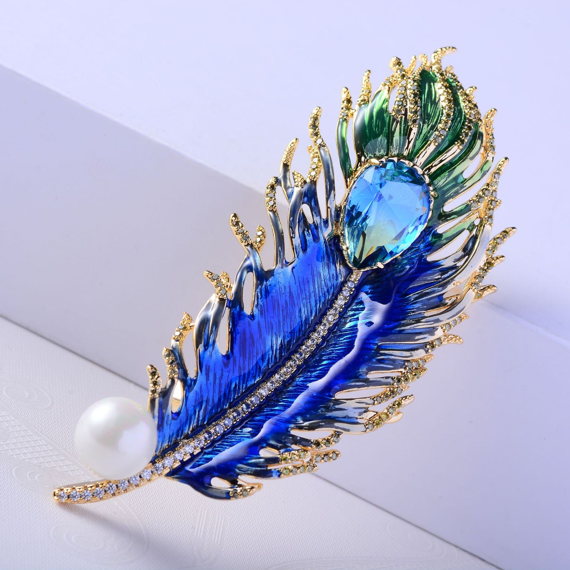 Broche de plumas con gota de aceite verde malaquita para ropa