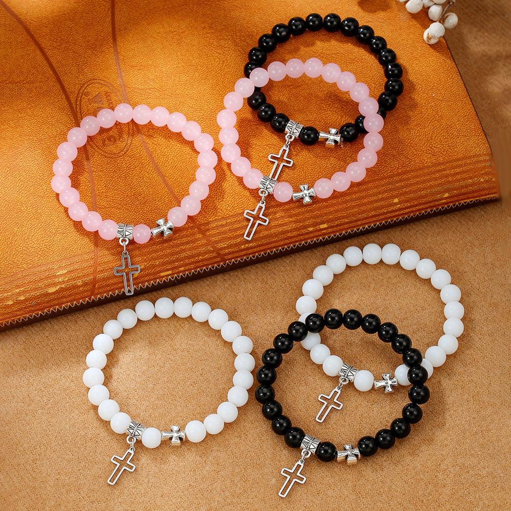 Pulsera de la amistad con cruz para parejas, pulsera de cuentas de vidrio para mujer