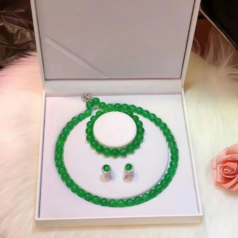 Gao Bing Emperador Jade Calcedonia Bola Pulsera Collar Pendientes Set