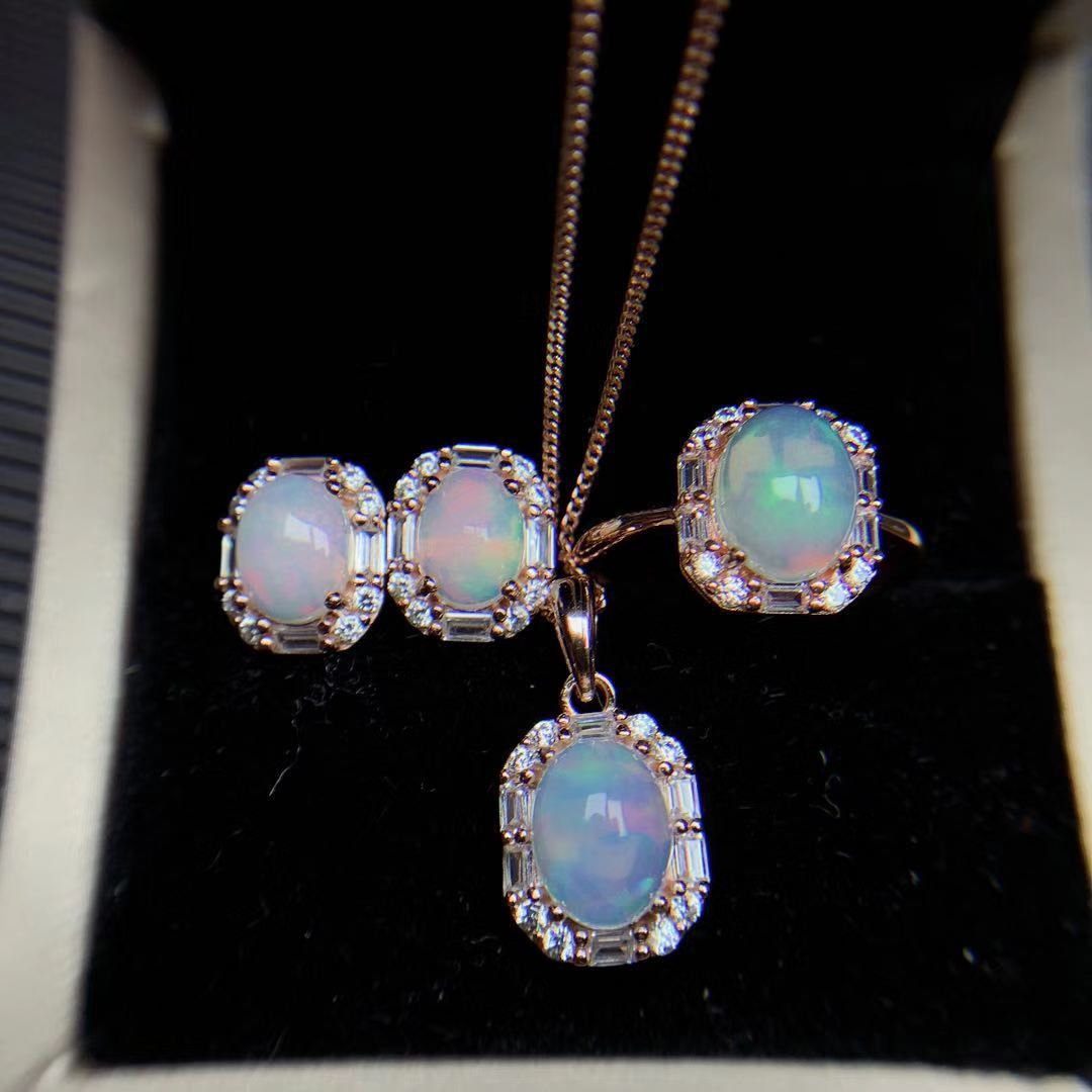 925 Plata Incrustada Ópalo Natural Conjunto Colgante Anillo Joyas Regalos Femeninos Para Novia Suministro en Vivo