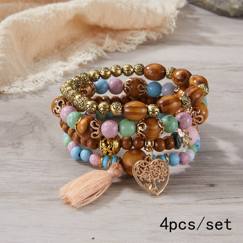 Pulsera Bohemia de Cuentas de Madera de Múltiples Capas