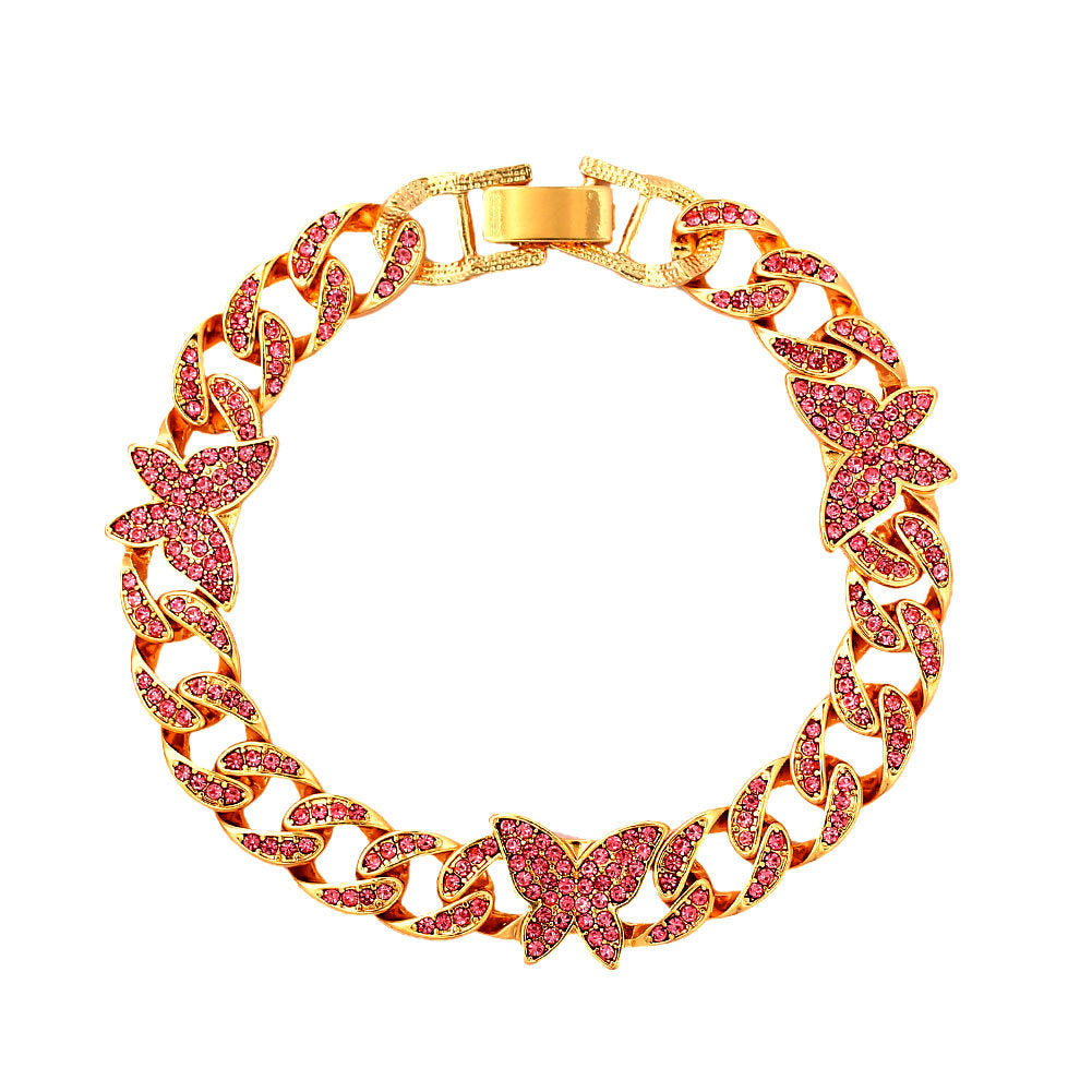 Tobillera de cadena cubana con accesorios de mariposa de diamantes completos con personalidad
