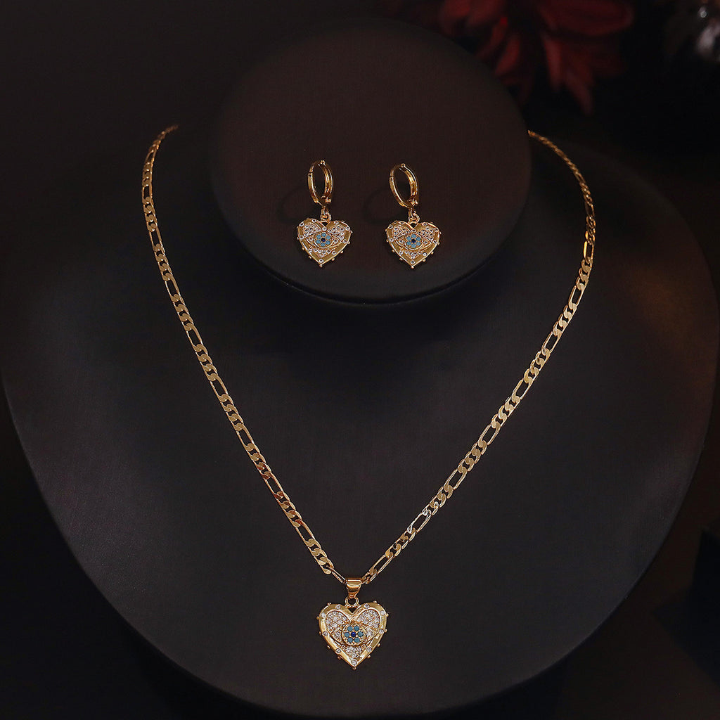 Modeschmuck Persönlichkeit Kupfer Plattiert Echtgold Herzförmiger Zirkon Anhänger Halskette Und Ohrringe Set