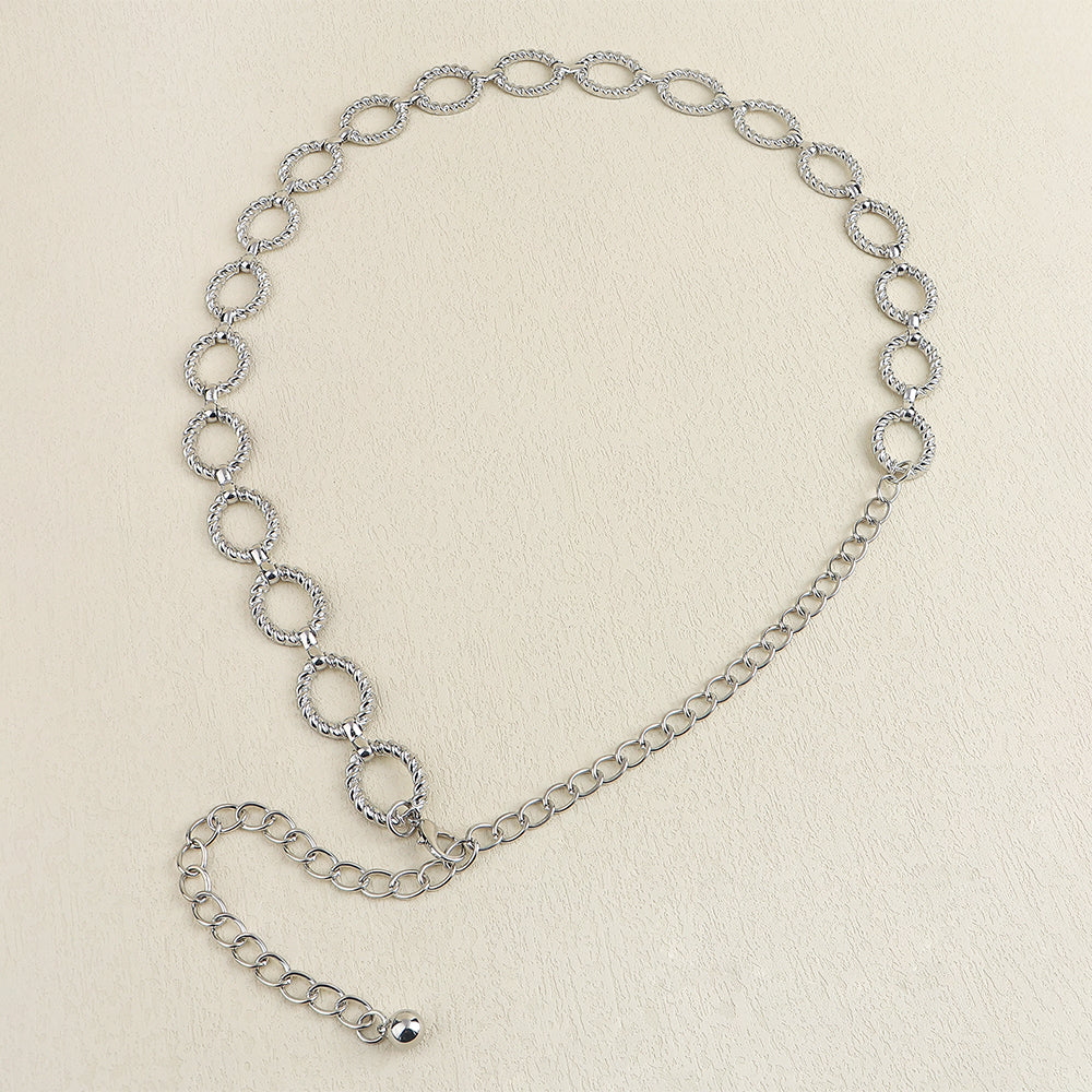 Cadena de cintura para mujer, sentido superior, círculo ondulado, cadena de metal con jeans, todos los accesorios de moda