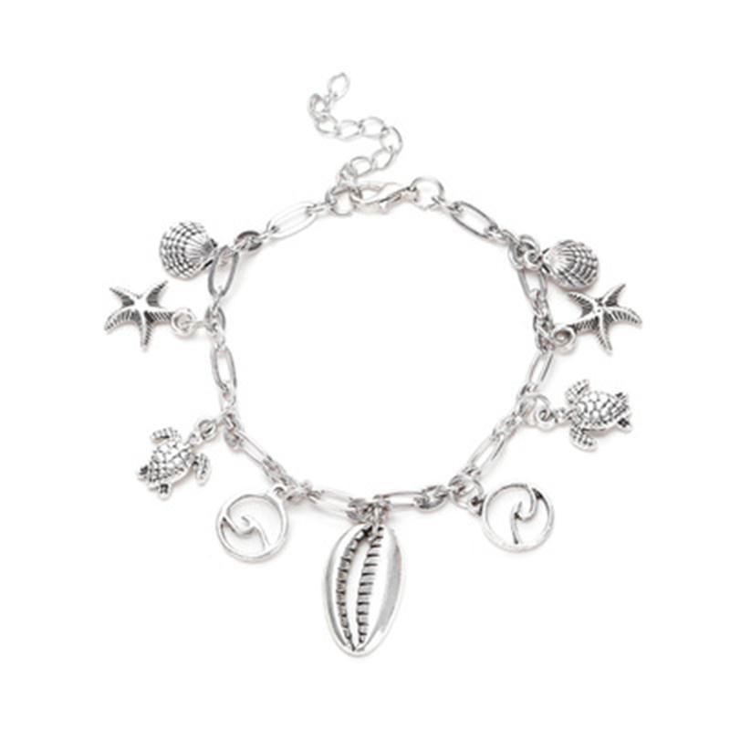 Tobillera con colgante de estrella de mar, ola, concha y tortuga, de la serie Beach Ocean