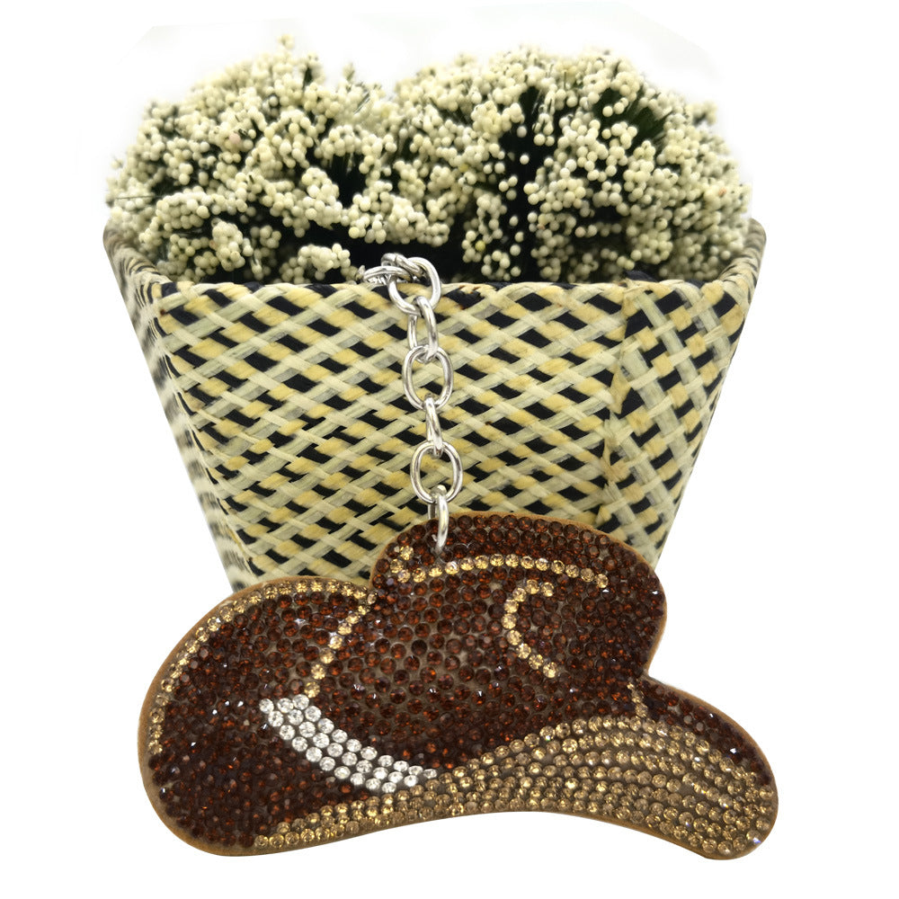 Llavero de sombrero de vaquero con diamantes de imitación y estampado de fotos