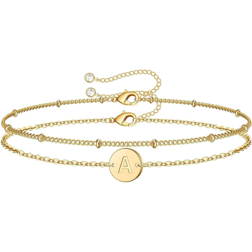 Pulsera doble capa de letras redondas plateadas, de acero inoxidable para mujer, con cuentas pequeñas en forma de arroz, en capas