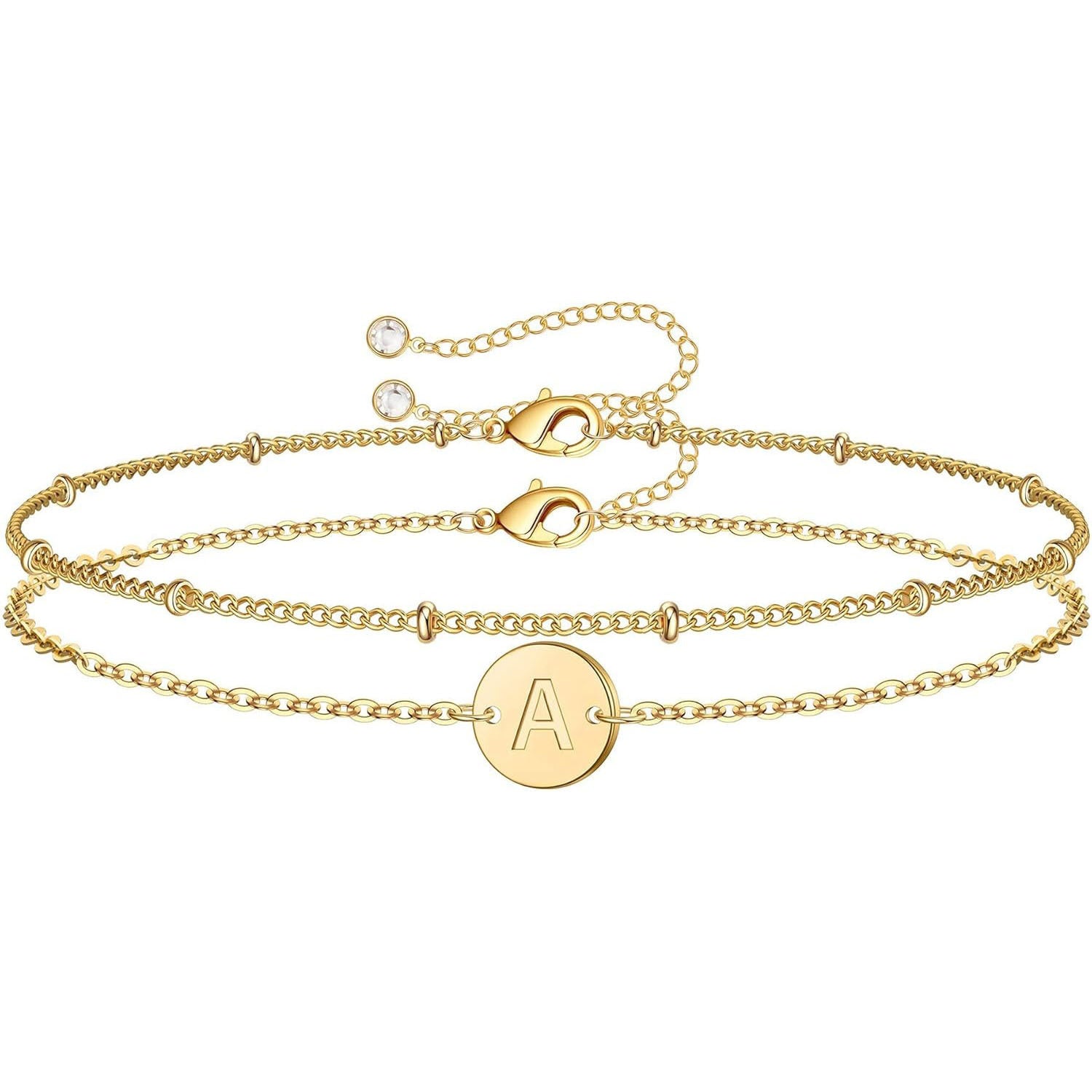 Pulsera doble capa de letras redondas plateadas, de acero inoxidable para mujer, con cuentas pequeñas en forma de arroz, en capas