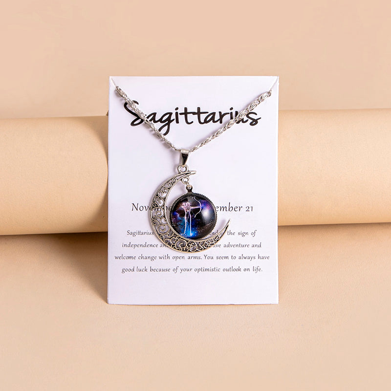 Collar con colgante de luna y 12 abalorios de cristal con signos del zodiaco para mujer y niña