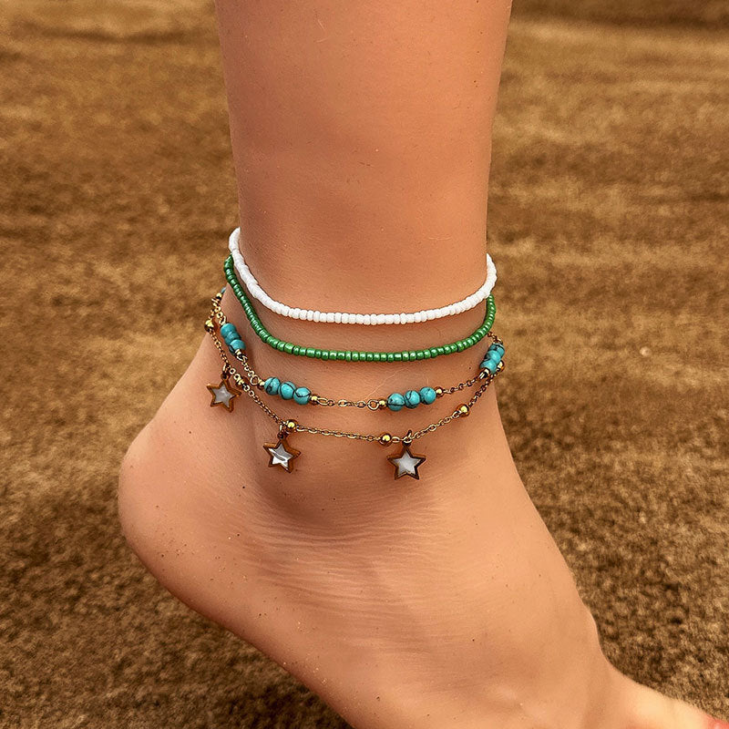 Adornos para pies Bohemia Color Perla Concha de Estrella de Mar Colgante Tobillera Adorno de Estilo de Playa Femenino