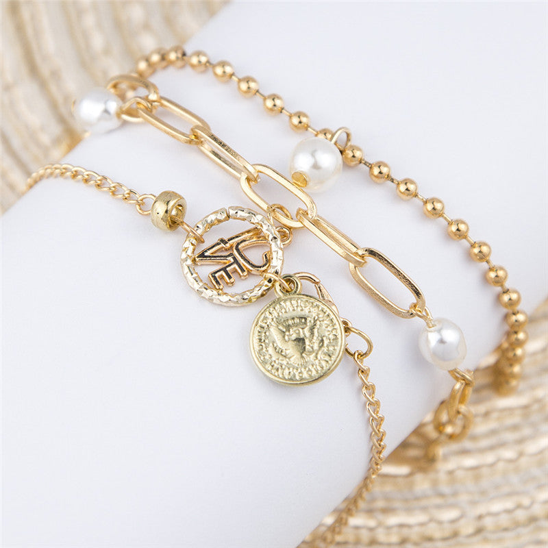 Armband Set Ins Design Nische Perle Liebe Münze Schmuck Damen 3-teiliges Set