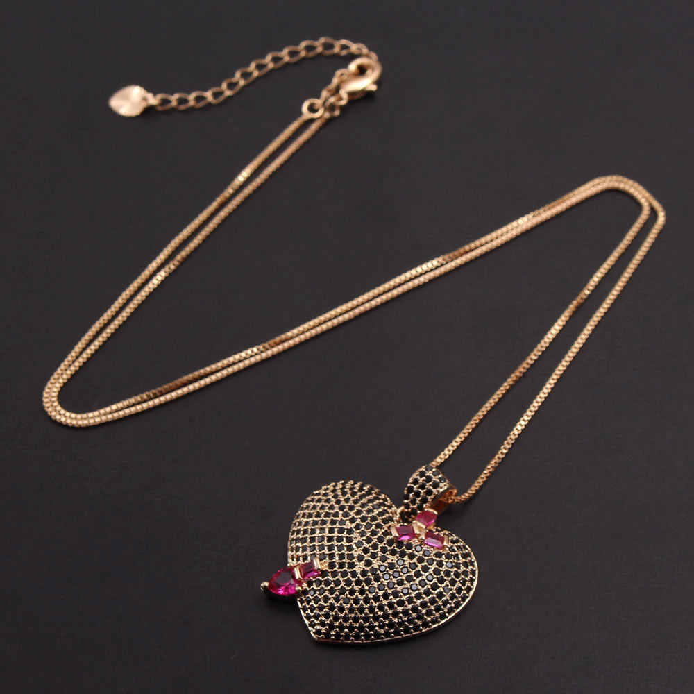 Collar AAA de circonita completa para mujer, chapado en oro real, cobre, corazón de melocotón, joyería
