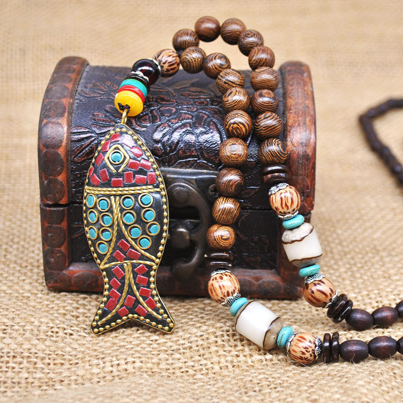 Vintage Lange Halskette Handgemachte Türkis Holzperlen Halskette für Frauen Modeschmuck