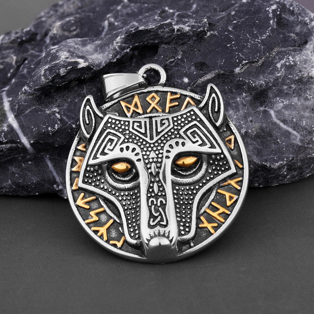 Wikinger Goldener Wolfskopf Aoding Rune Titan-Stahl-Anhänger für Herren