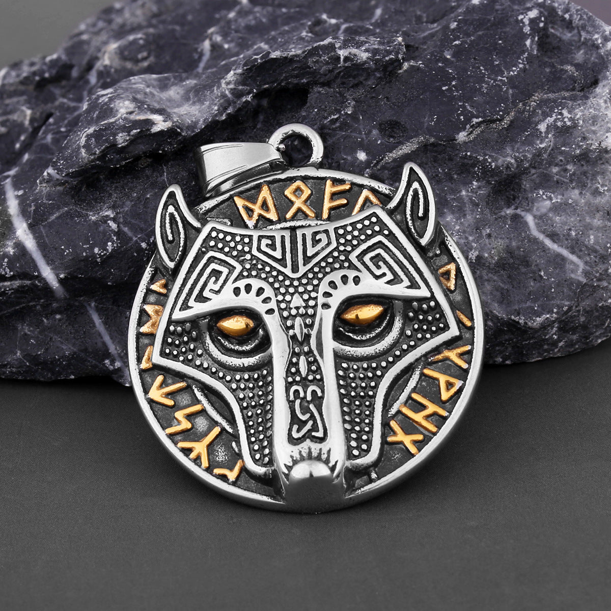 Wikinger Goldener Wolfskopf Aoding Rune Titan-Stahl-Anhänger für Herren