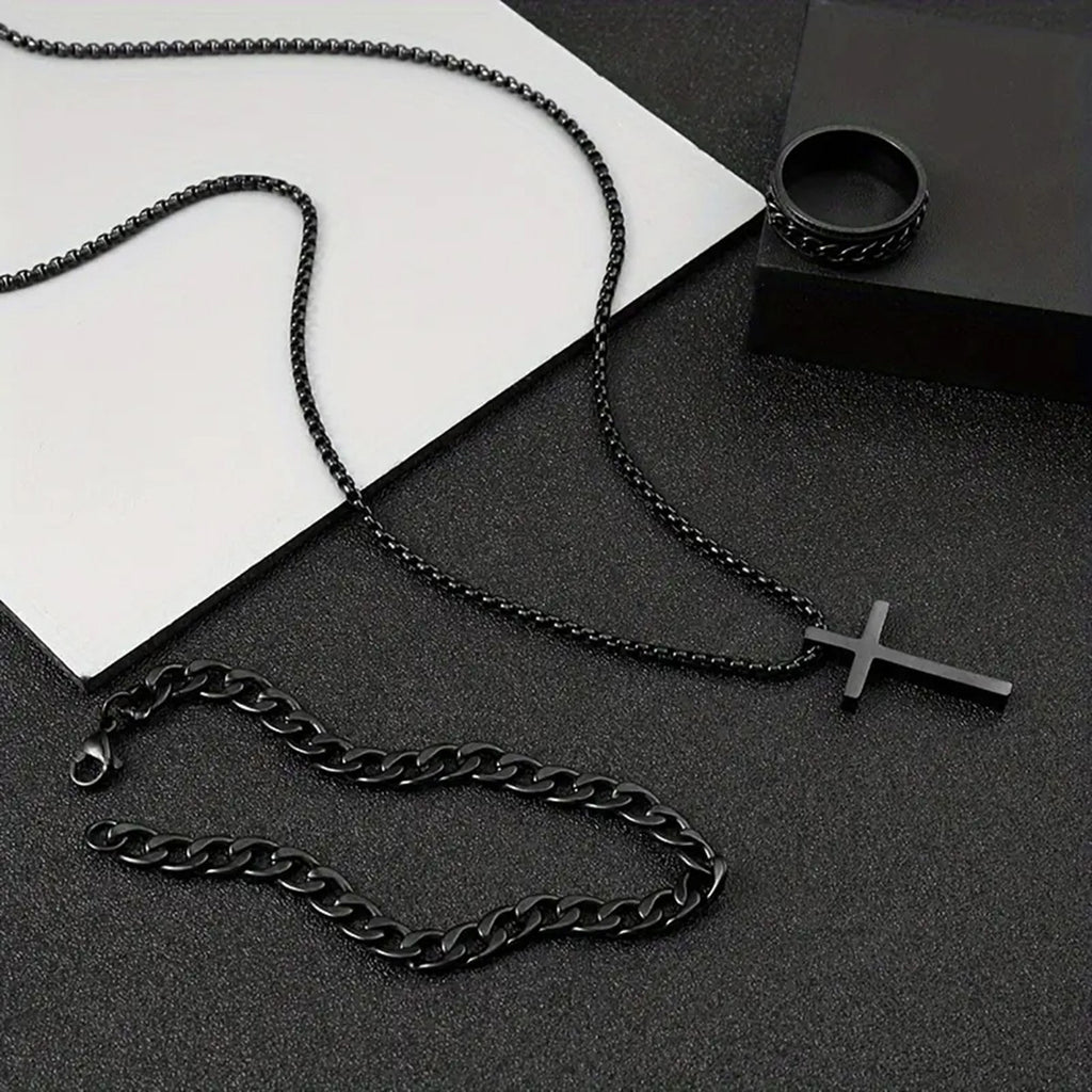 Herren Kreuz-Halskette Ring Armband Set