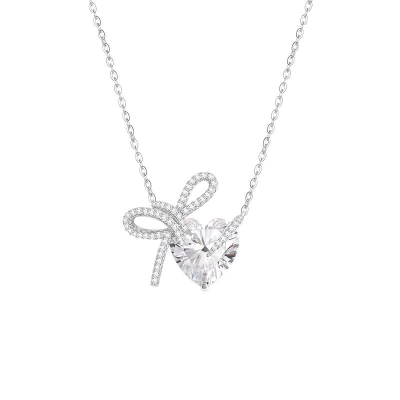 Damen Diamant Schleife Herz Halskette Hochwertige Schlüsselbeinkette Einfacher und vielseitiger Schmuck