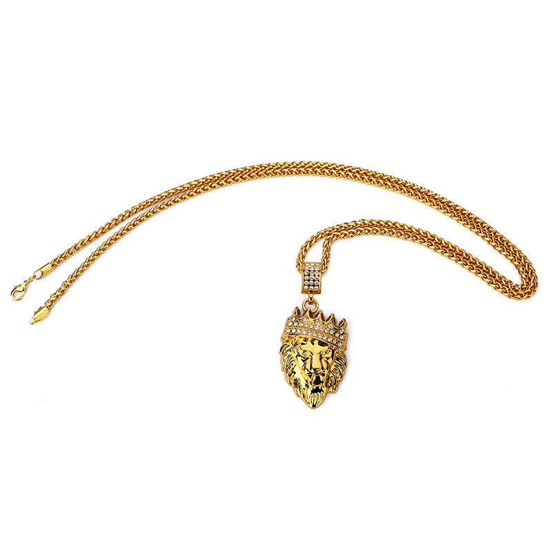 Hip Hop Tier Löwenkönig Krone Anhänger Halskette Mann Steampunk Goldfarben Legierung 75cm Kette Einlage Strass Modeschmuck WE02