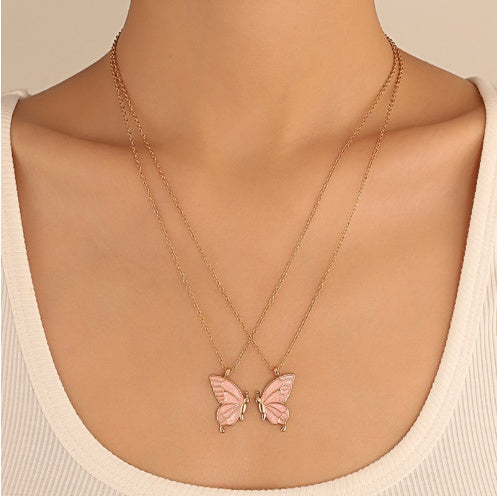 2pcs Oil Drip Butterfly Necklace Ins Creative Clavicle Chain Pendant Necklace For Women Valentine's Day Birthday Gift