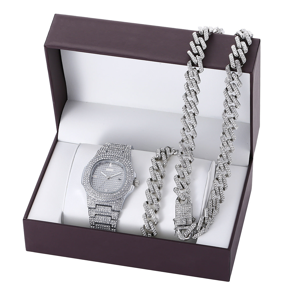 Diamant Stahlband Quarzuhr Armband Set