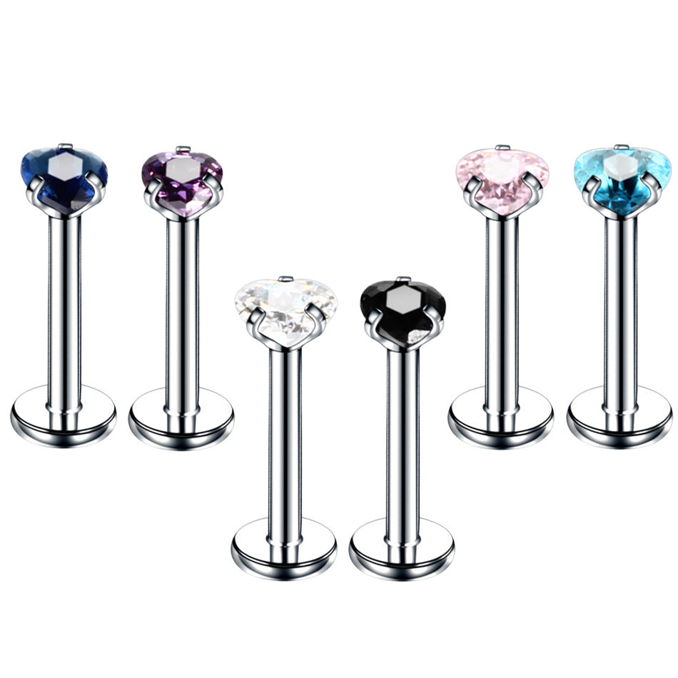 Clavos de labios de circonita con forma de corazón de acero inoxidable, con dientes internos multicolores y cuatro puntas