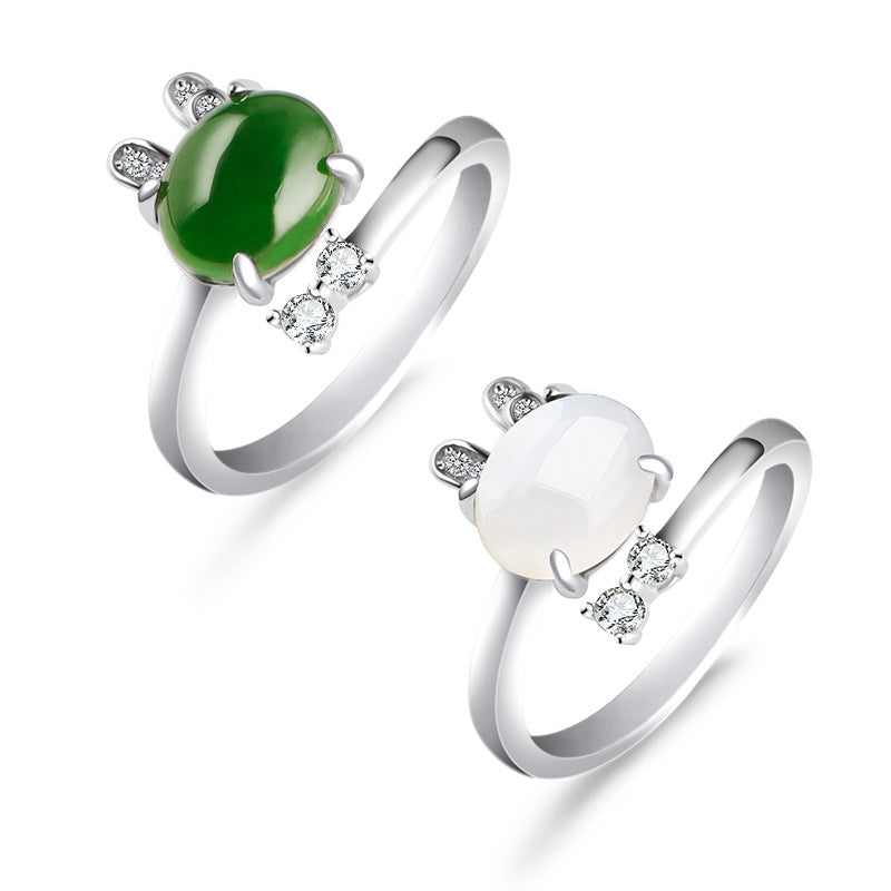 Großhandel Sterlingsilber 925 Retro Kaninchen Jade Verstellbare Damenringe Krappenfassung Jaspisringe