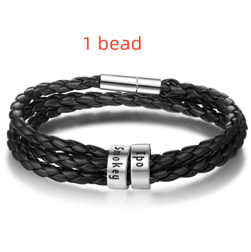 Personalized Mens Braided Genuine Leather Bracelet Stainless Steel Custom Beads Name Charm Bracelet For Men With Family Names