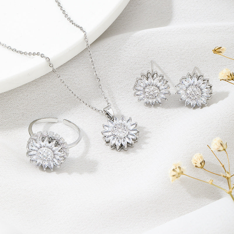 Klassischer Charme Sonnenblume Blume Edelstahl Halskette Ohrringe Mode Exquisiter Mikro-Samen Schmuck Ring
