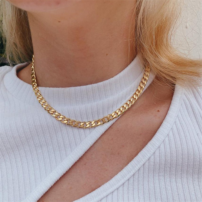 Stainless Steel Necklace 14K Gold Plated Cuban Chain Clavicle Chain