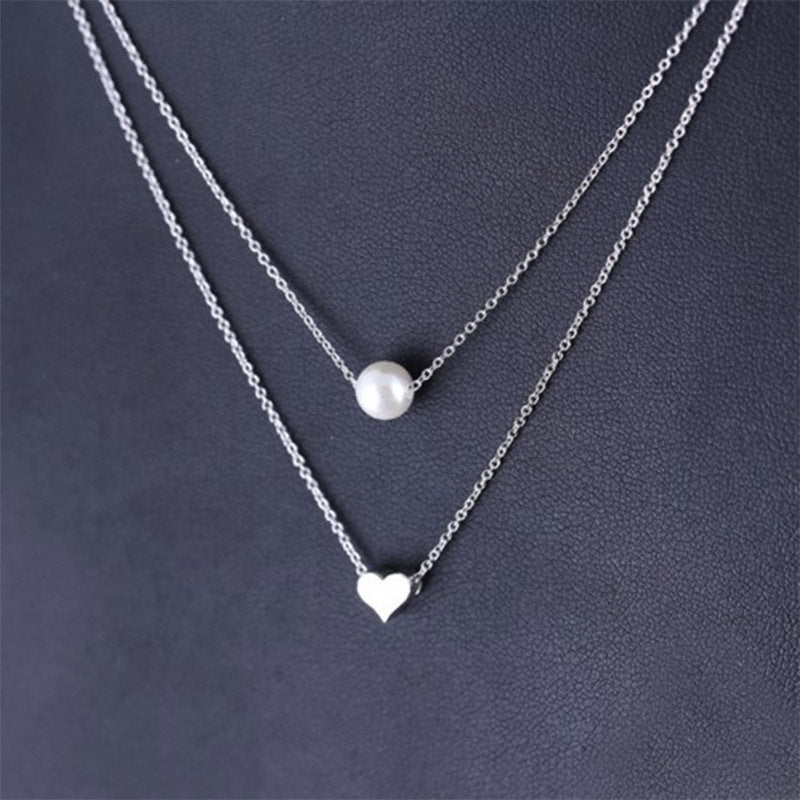 Collar Bohemio Sencillo de Perlas y Doble Cadena con Amor