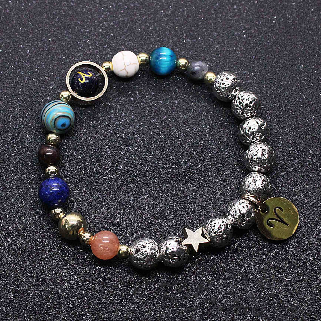 Pulsera Doce Constelaciones Azul San Letras Plata Antigua Piedra Volcánica