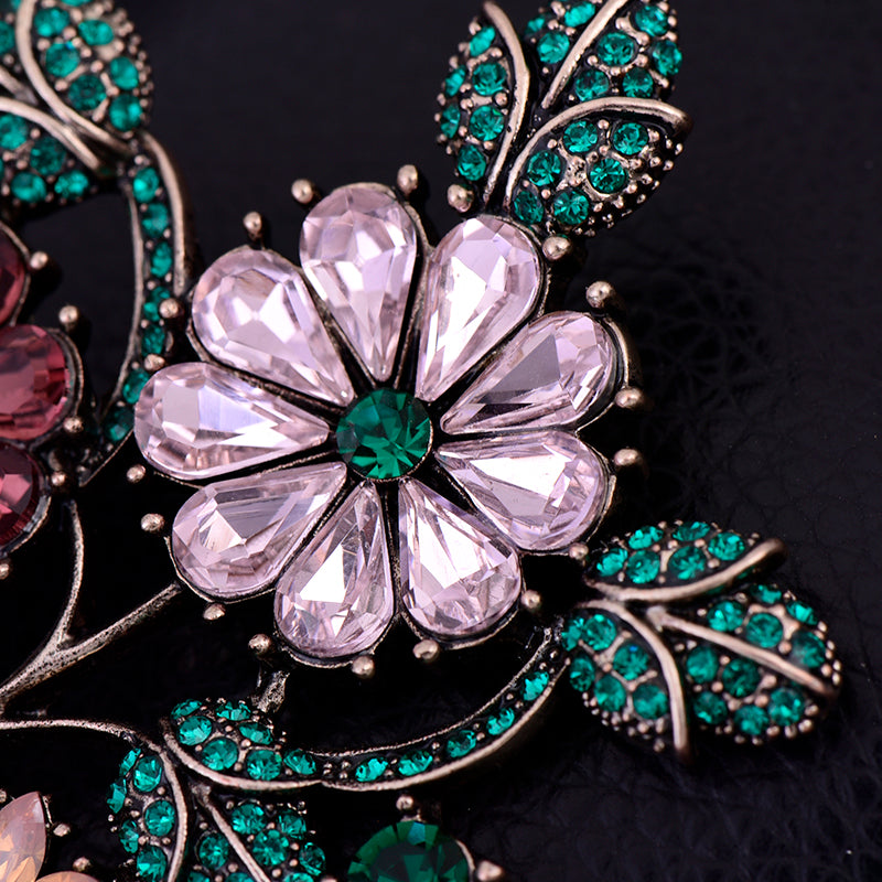 Gorgeous Vintage Green Rhinestone Colored Flowers Bonsai Flower Brooch Gold Tone Green Leaf Deep Red Orange Floral Vase Pin