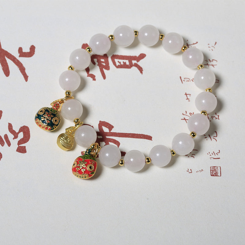 Hetian Jade Light Lotus Round Beads Swallowing Gold Beast Pendant Bracelet