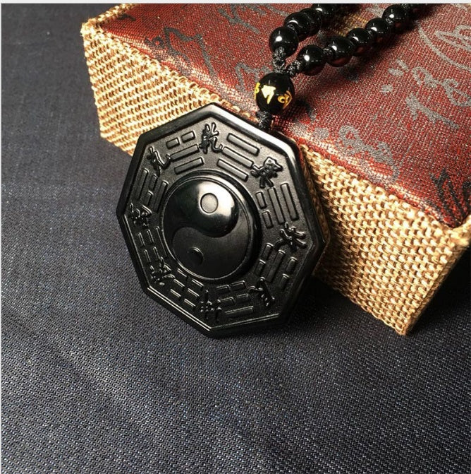 Obsidian Anhänger Yin Yang Fisch Fünf Elemente Amulett Herren und Damen Halskette