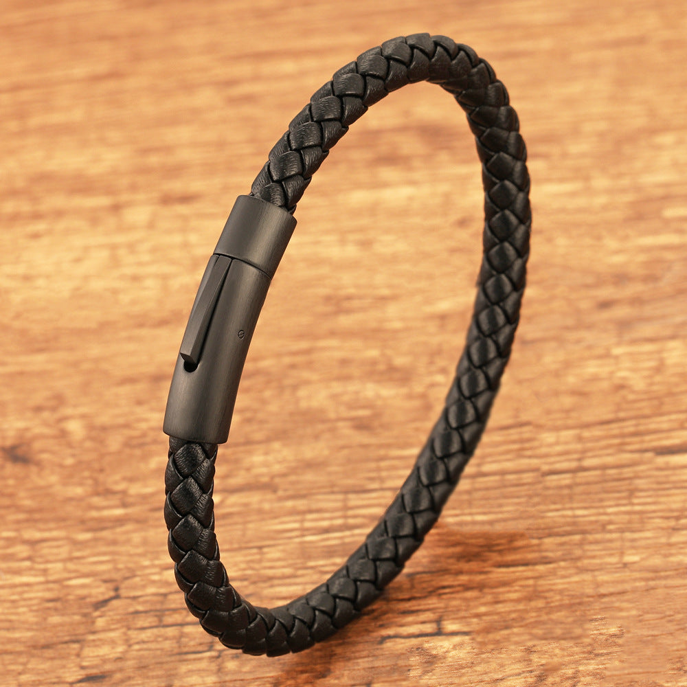 Woven Frosted Black Buckle Simple Leather Bracelet