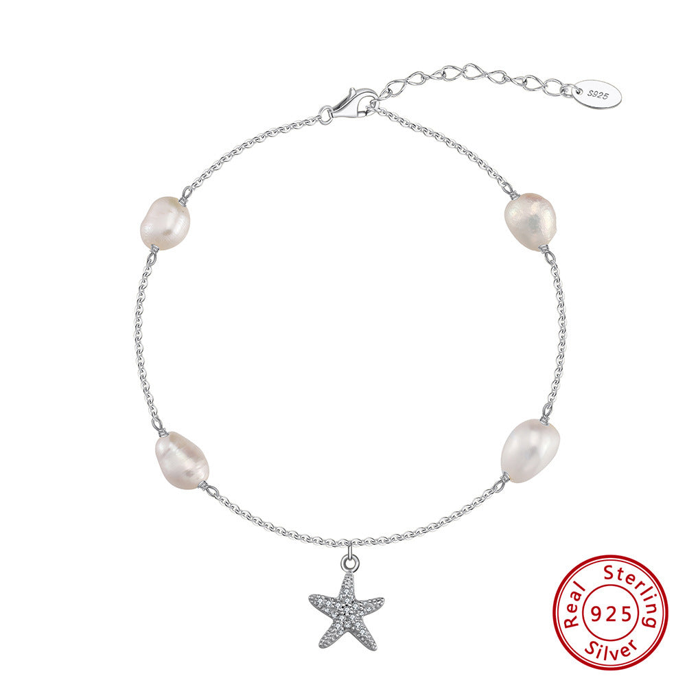 Tobillera de plata de ley 925 con colgante de estrella de cinco puntas y perlas, estilo playero