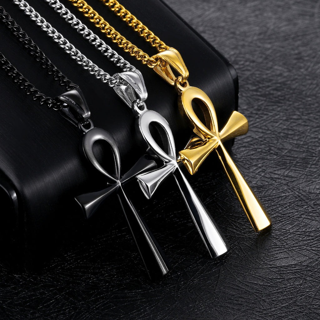Fuente de productos de comercio electrónico transfronterizo, collar colgante amuleto de hombre con cruz egipcia antigua de acero inoxidable brillante europeo y americano