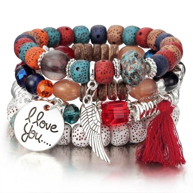 Moda multicapa de cristal de lava cuentas con alas y borlas pulseras y brazaletes Pulseras Mujer Joyería para regalo de mujer