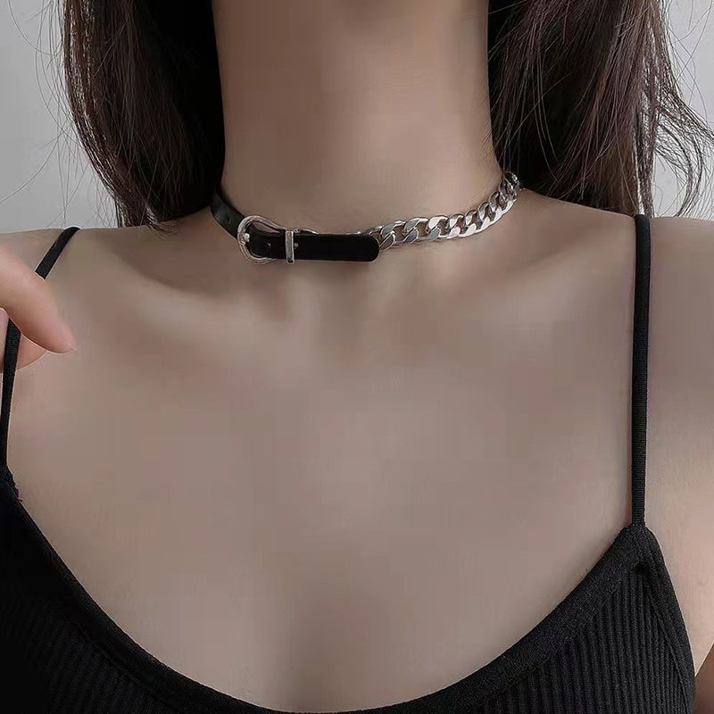 Punk Titan Stahl Cuban Chain Lederhalsbänder für Damen