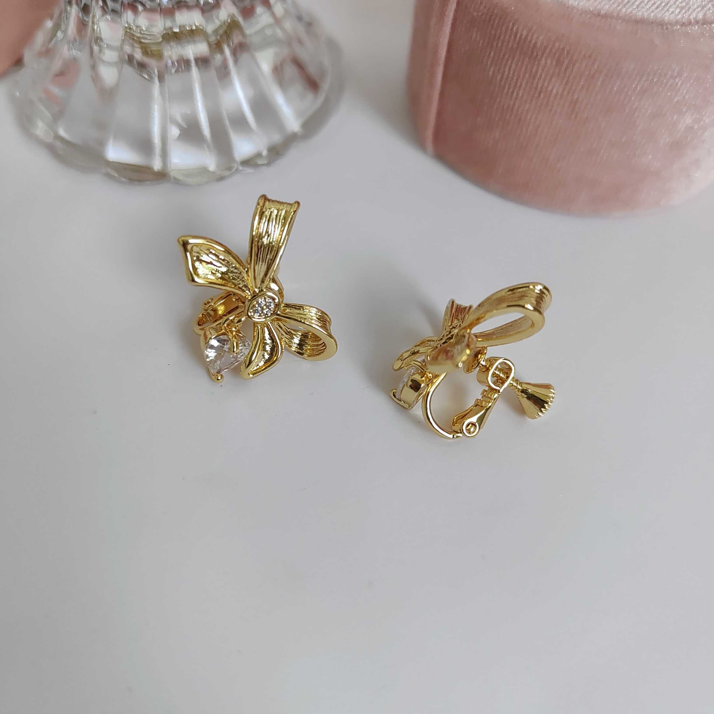 Goldener Vintage Schleifen Herz Zirkon Elegante Prinzessinnen Ohrringe Ring Halskette