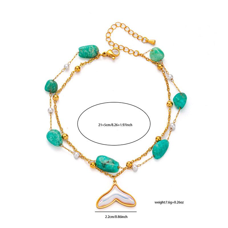 Pulsera de doble cadena con colgante de delfín y perlas de piedra artificial azul púrpura
