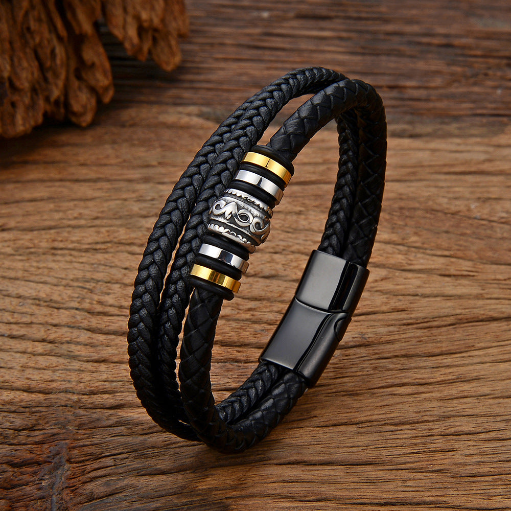 Pulsera de cuero DIY multicapa de acero inoxidable para hombre
