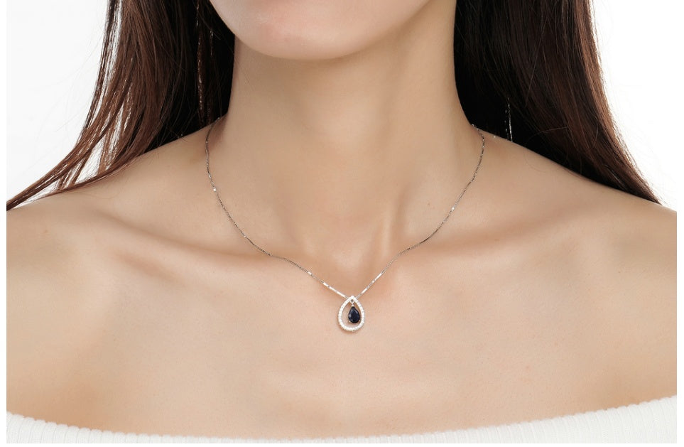 Ladies 925 Sterling Silver Necklace Sapphire Pendant