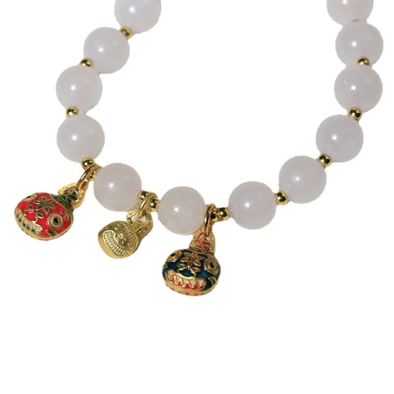 Hetian Jade Light Lotus Round Beads Swallowing Gold Beast Pendant Bracelet