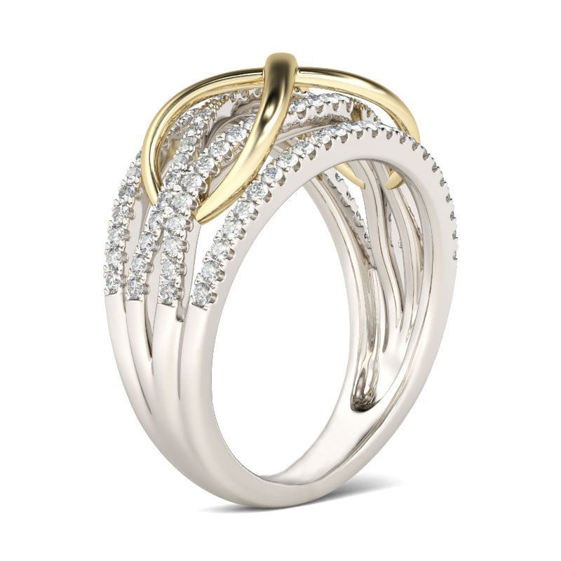 Einfacher Ring im Trenty-Stil mit zweifarbiger runder Zirkonia-Schleife aus Kupfer für Damen, Hochzeit, Verlobung, Schmuck-Accessoires