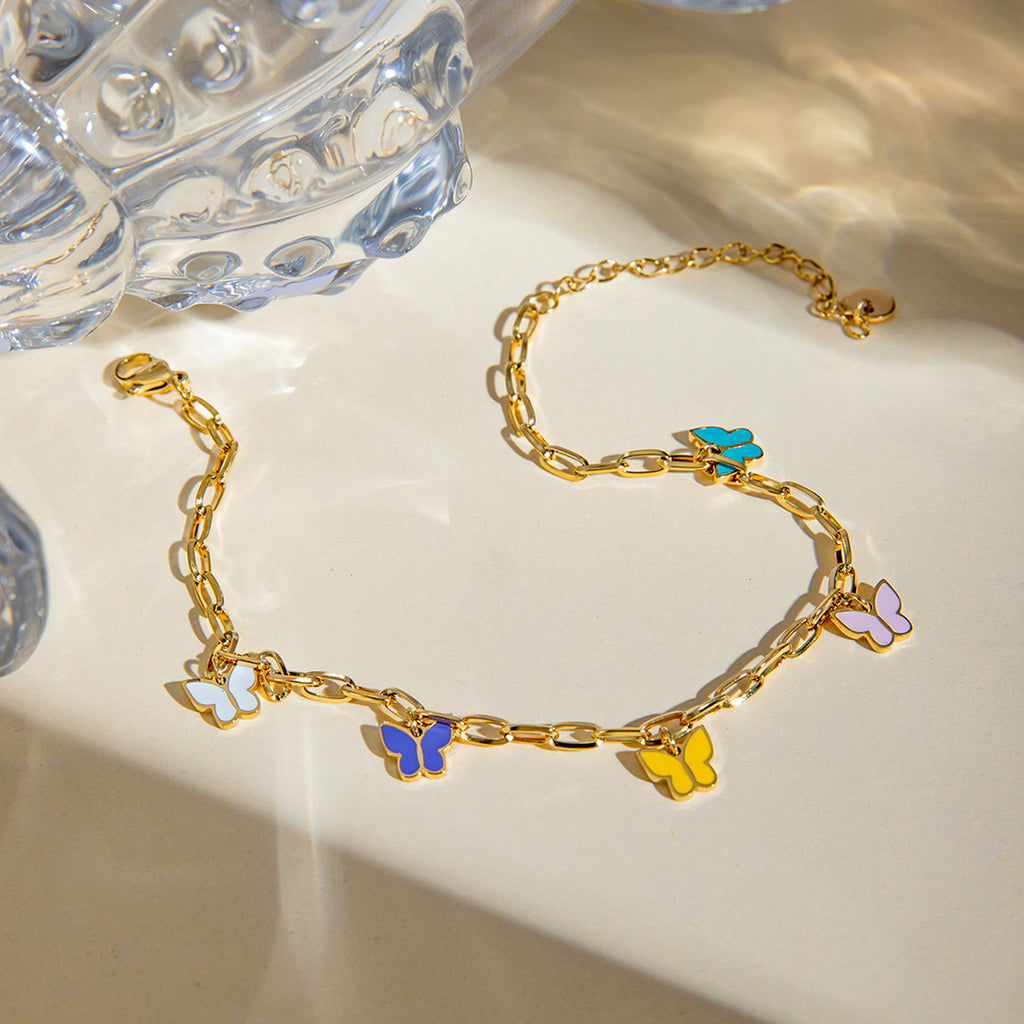 16K Gold Stainless Steel Colorful Oil Necklace Butterfly Anklet