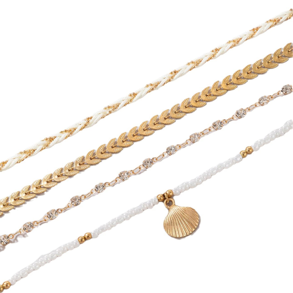 4pcs Set Bohemian Woven Rope Foot Chain For Men And Women Geometric Alloy Black Beads Dropping Oil Anklet Set Summer Fashion Jewelry